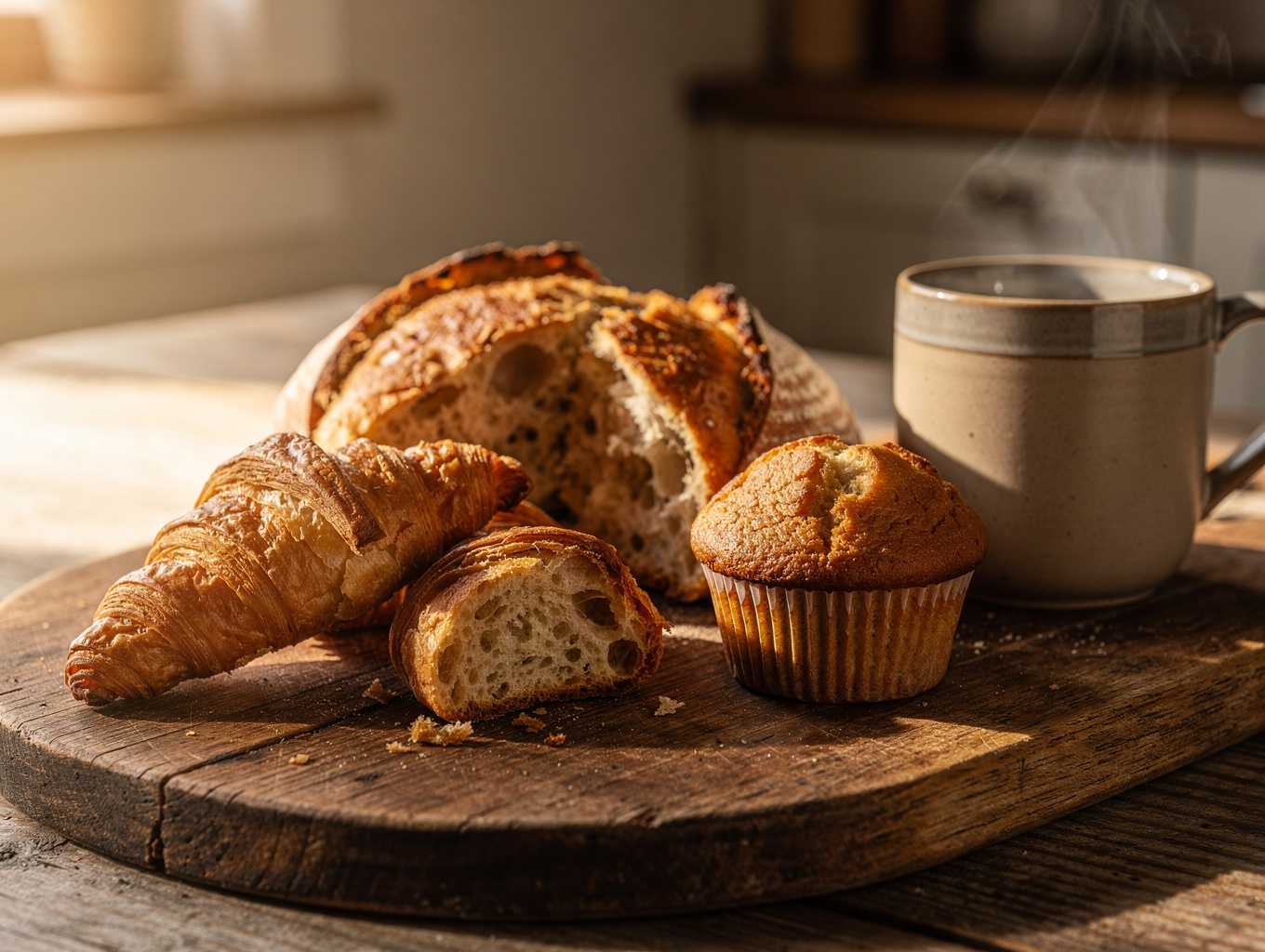 Rustic brunch setup with fresh pastries and organic coffee