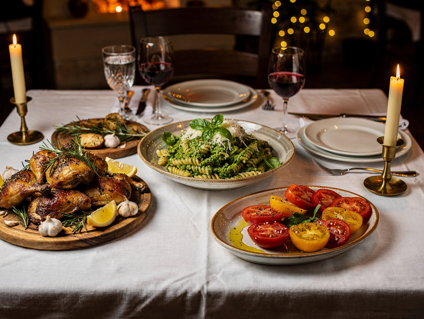 Beautifully set harvest table with olive branches and candles