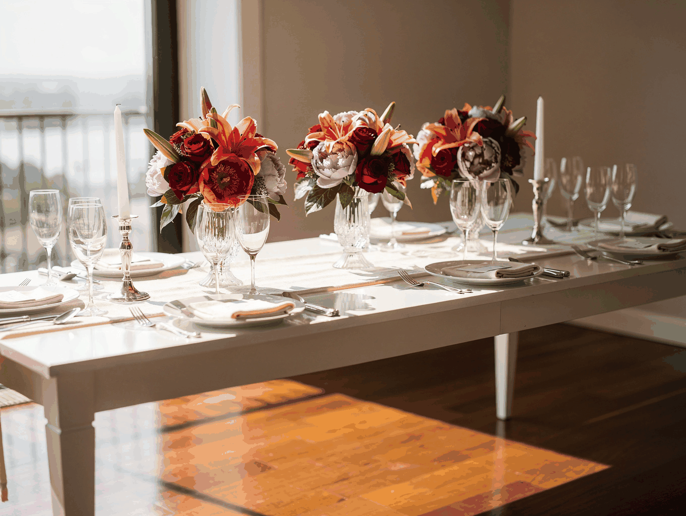 Elegant outdoor wedding reception with long wooden tables