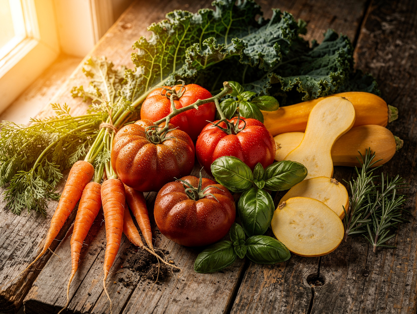 Fresh seasonal vegetables in a wooden crate