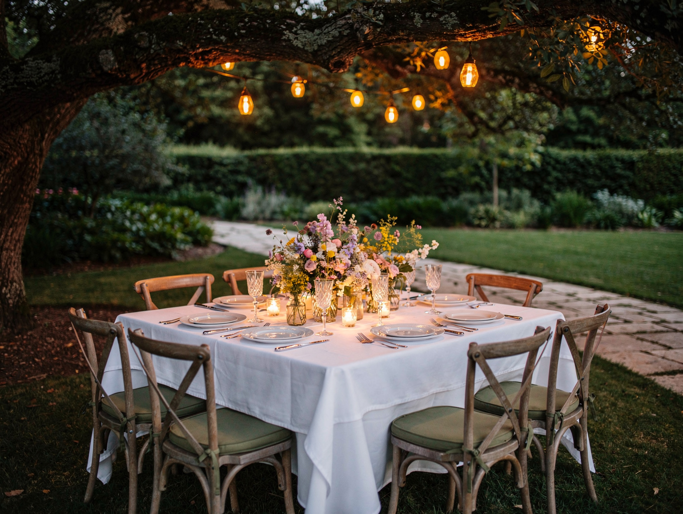 Elegant outdoor catering setup in a garden setting
